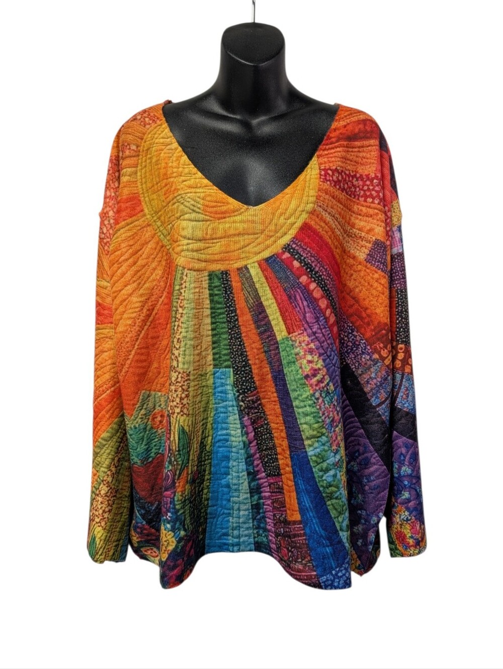 Womens Multicolor Abstract Quilted V-Neck Long Sleeve Pullover Top Plus 3XL